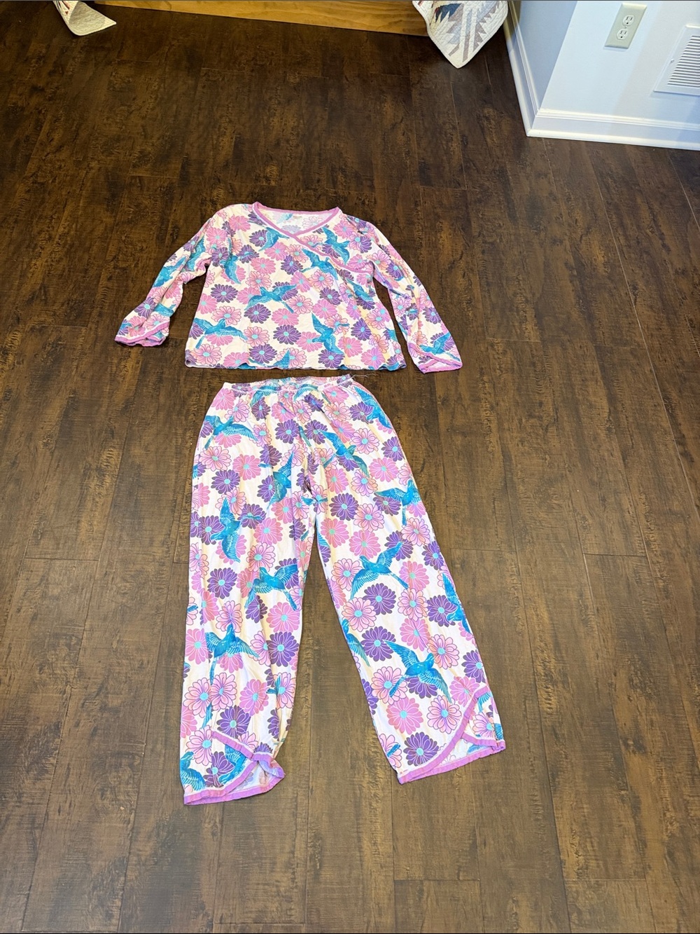 Garnet Hill Pink Floral & Blue Bird Long-Sleeve Pajama Set
